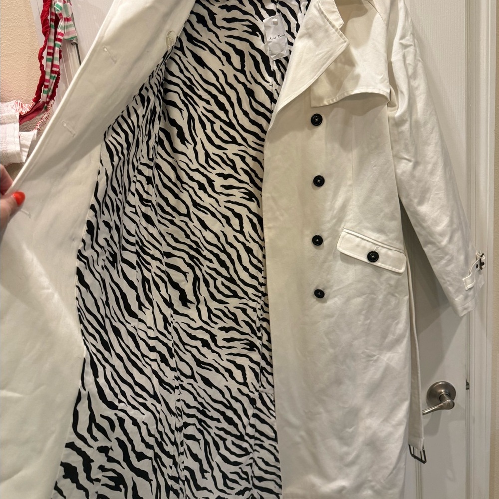 NWT Vintage Spiegel 100% Cotton White Trench Coat with Black/White Zebra Lining